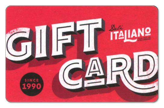 Deli Italiano logo and large decorative Gift Card text over a solid red background.