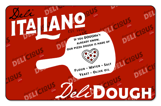 Deli Italiano logo and large decorative Gift Card text over a solid red background.